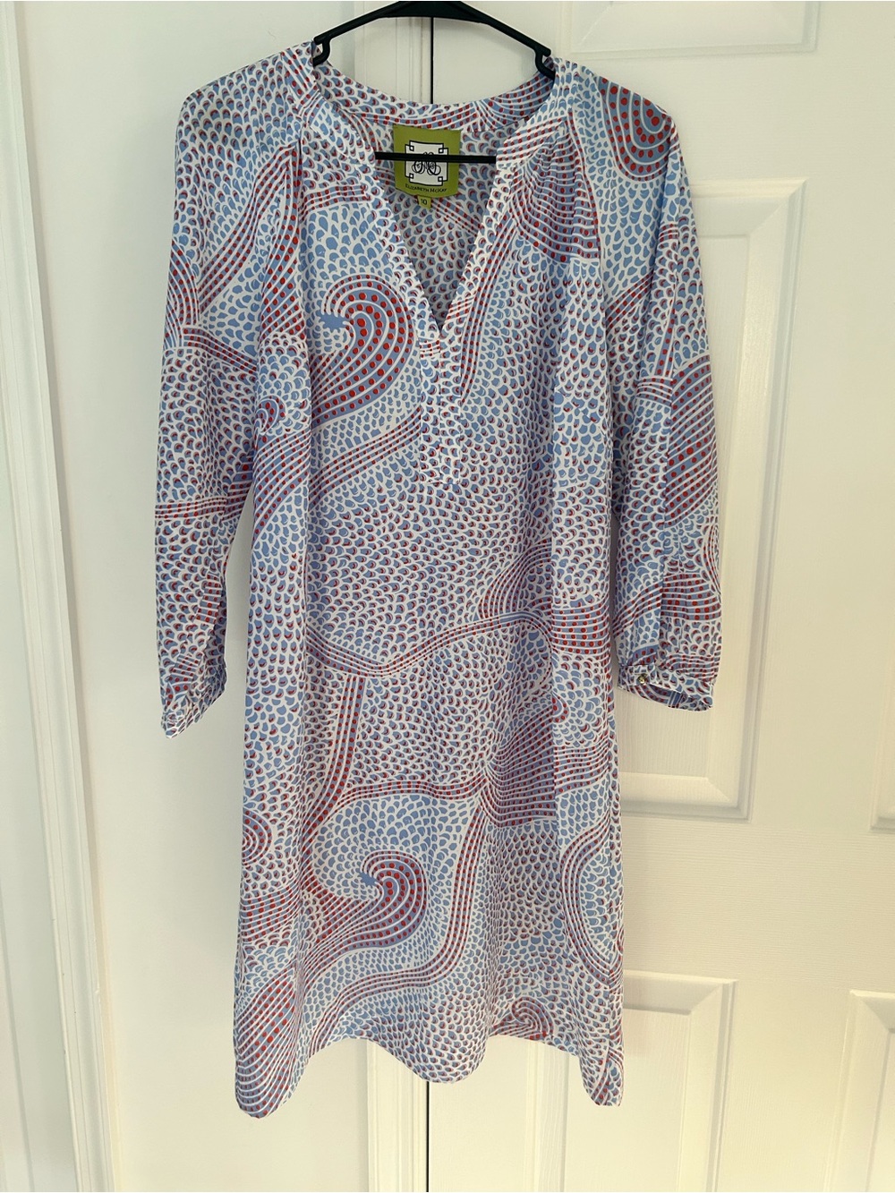 Elizabeth McKay Blue & Red Patterned Long-Sleeve Dress